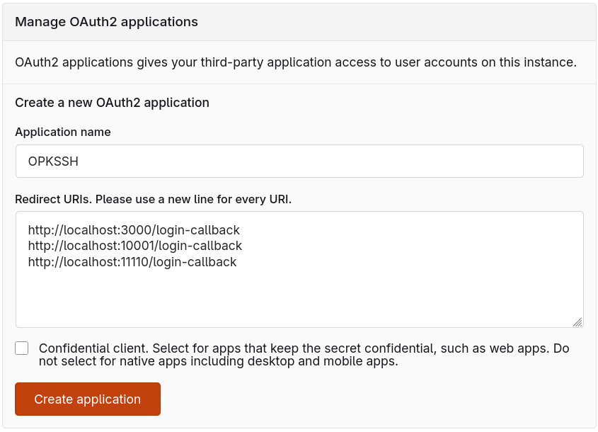Screenshot of Codeberg, setting up OPKSSH application.
