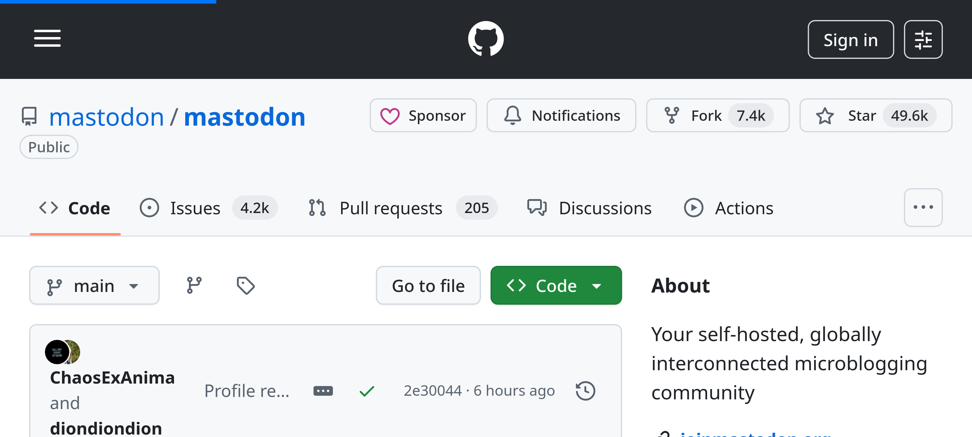 Screenshot of Code tab for Mastodon repository on GitHub after clicking on the Issues tab. The only indication of the attempted switch is the fake blue progress bar at the top.
