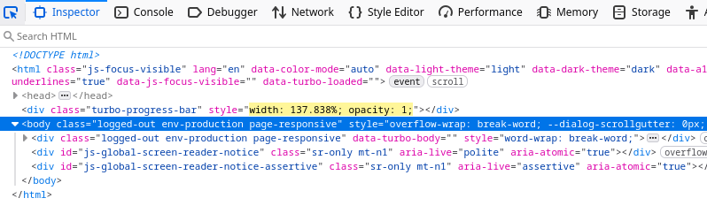 Firefox DOM and Style Inspector showing the progress bar element on GitHub page has a width of 137.838%.