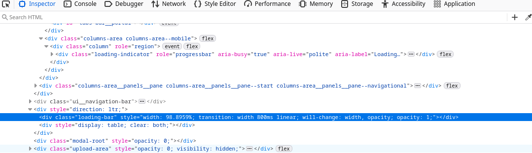 Screenshot of the DOM and Style Inspector in Firefox, showing loading-bar div element with width set to 98.8959%.
