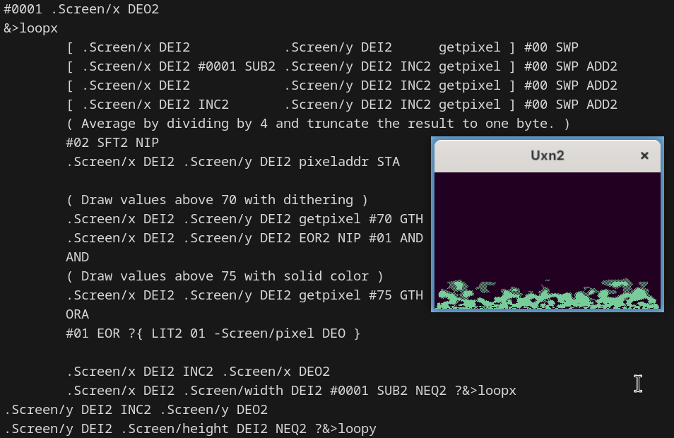 Running fire demo effect in Uxn2 with assembly code in the background